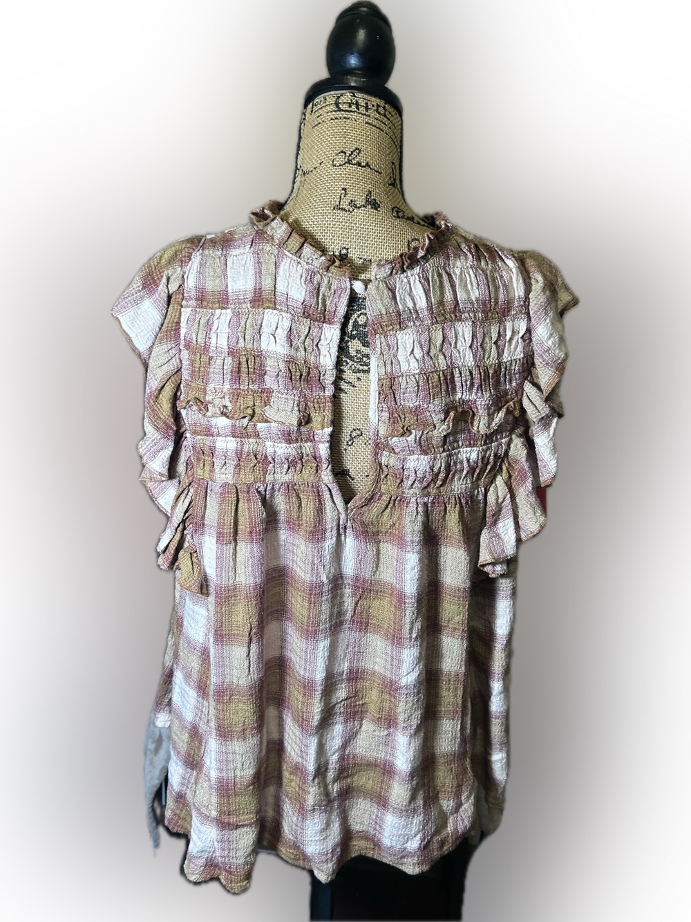 Free People Not Your Average Girl Plaid Ruffle Smocked Flutter Sleeve Blouse M - Picture 5 of 16